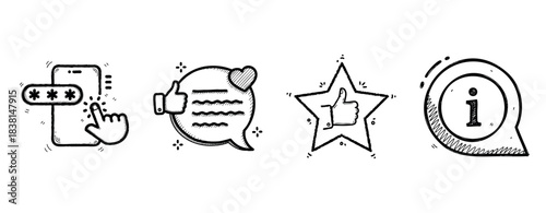 Hand-drawn symbols: password entry, feedback, star rating, information in black and white