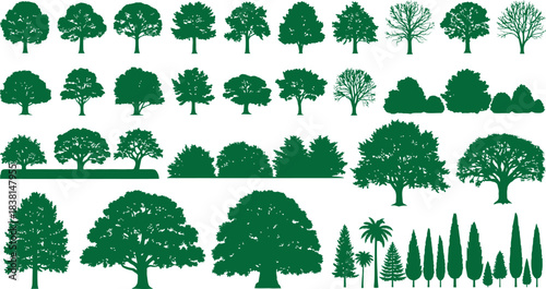 Collection of various green trees and bushes in a repeating pattern for design projects