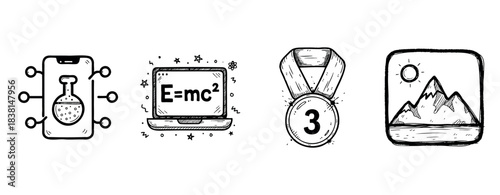 Science icon set with smartphone, laptop, medal, mountain scene illustrations