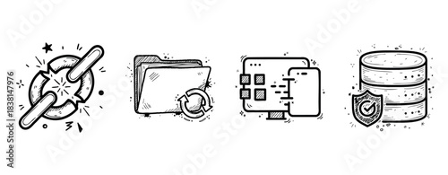 Blockchain security icons: encryption, data management, synchronization, protection
