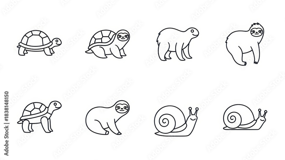 Fototapeta premium Collection of slow moving animals in simple line drawings forming charming vector graphics