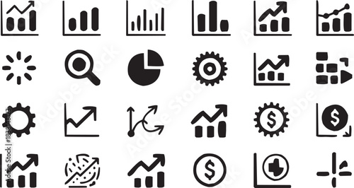 More Data Visualization Icons Bar Charts Gear Arrows Dollar Sign. A black-and-white business illustration