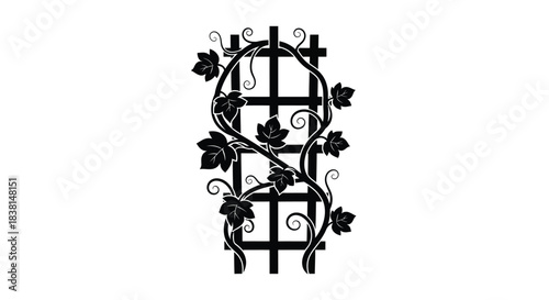 Black silhouette of a climbing vine with leaves growing up a vertical garden trellis structure