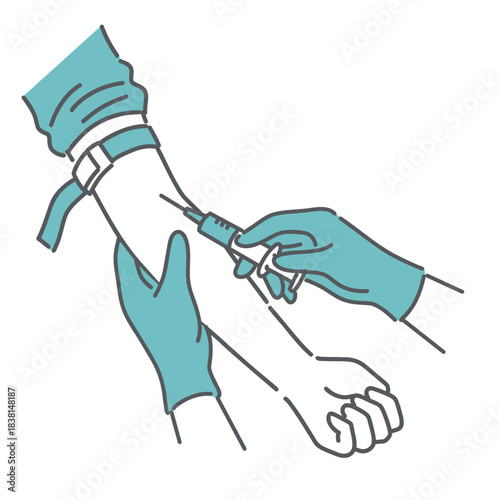 採血・注射を行う手元のクローズアップイラスト（穿刺の瞬間）