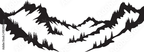 Black silhouette of jagged mountain range with pine trees
