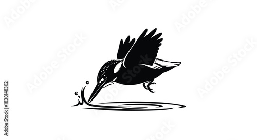 Stylized black and blue kingfisher bird logo diving into water with dynamic splash effect