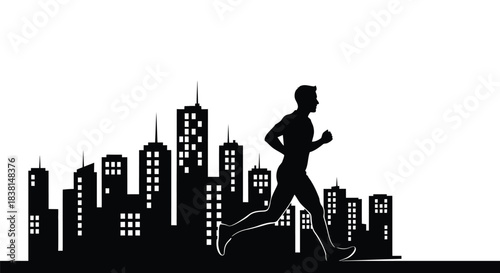 Silhouette of a fit man running in motion against a stark black and white urban cityscape background