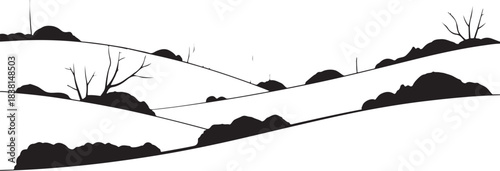 Black silhouette of rolling hills and bare trees landscape