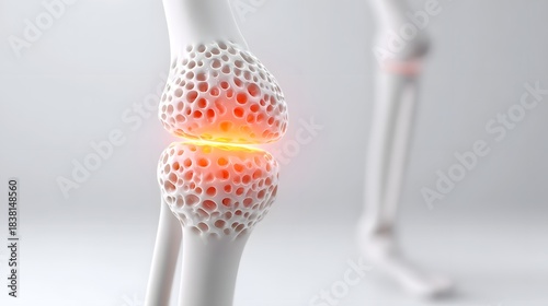 Detailed microscopic view of a damaged and inflamed bone joint showing a porous internal structure indicative of bone loss and potential medical conditions