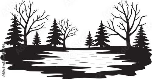 Black silhouette of winter trees and frozen lake vector