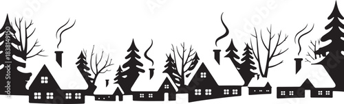 Black silhouette of winter village with smoking chimneys and trees