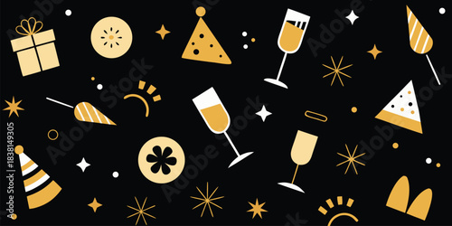 New Year's Eve Pattern with Champagne and Fireworks on black background