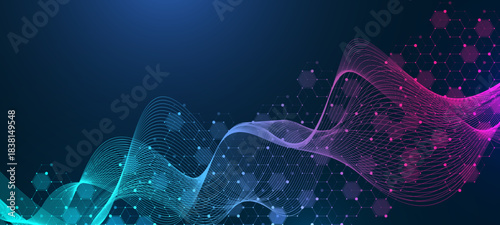 Molecular abstract structure and genetic engineering DNA. Healthcare and medicine background concept. Scientific research background. Wave flow. Innovation pattern. Vector illustration.