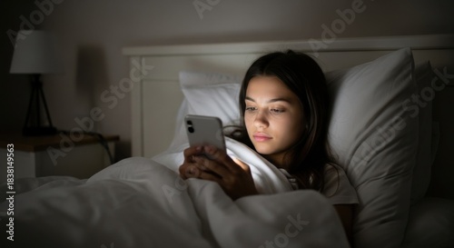 Teenage girl using smartphone in bed at night with screen light on face. Young woman texting or scrolling social media in dark bedroom. Insomnia and technology addiction.