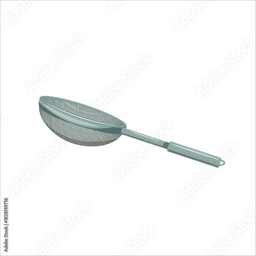 Small kitchen strainer isolated on white. Kitchen tool for sifting, rinsing, and fine filtering. Baking utensil.