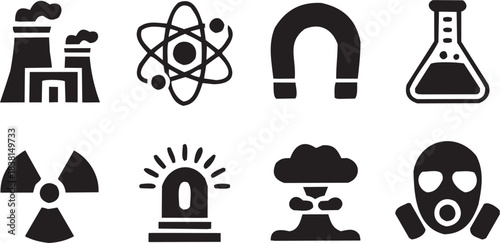 Scientific Symbols Including Atom Magnet Cloud and Light Bulb. A black-and-white icon set representing science and ideas