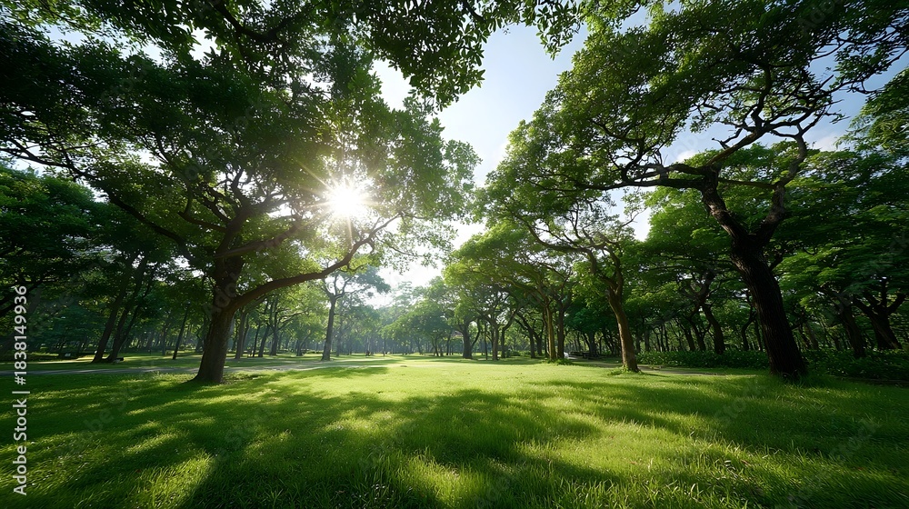 Obraz premium Golden sunbeams break through the dense canopy of mature trees in a serene park creating a beautiful play of light and shadow across the verdant sun drenched lawn