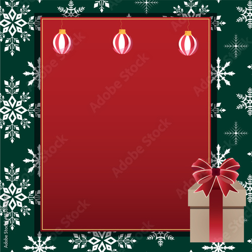 Christmas greeting card template with red frame, golden border and gift box — holiday background,
