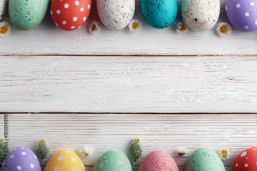 Easter background image with free space for text. Top view of white wooden surface.