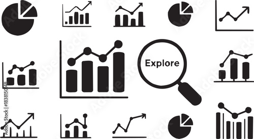 Bar Chart with Magnifying Glass Labeled Explore. A black-and-white icon representing analytics and insight