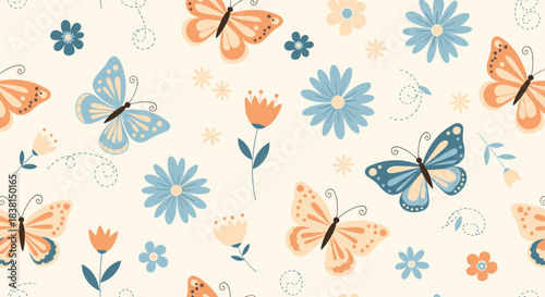 Whimsical seamless pattern with orange and blue butterflies flying among various blooming flowers on a light cream background.