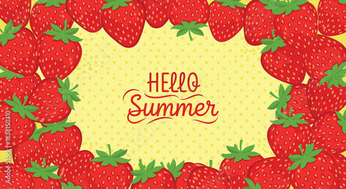 Vibrant red strawberries form a delightful border around a yellow background with subtle polka dots and \.