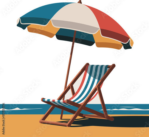 Sunny beach vacation scene with a striped deck chair and umbrella providing shade by the ocean waves under a clear sky