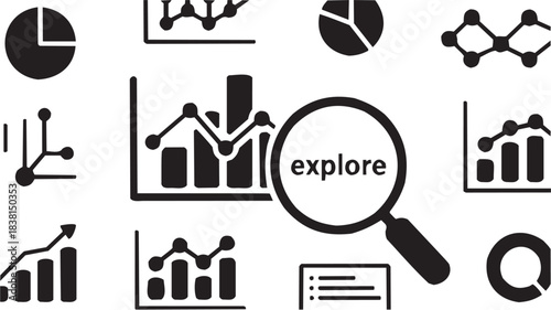 Magnifying Glass with Explore Text and Bar Charts. A black-and-white icon representing data search and analysis
