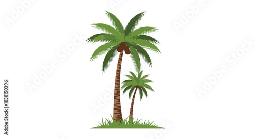 Two tropical coconut palm trees, one tall with coconuts and a small one, rooted in green grass against a bright white background.