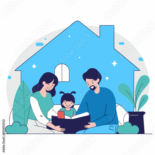 Happy Family Reading Book Together at Home Illustration