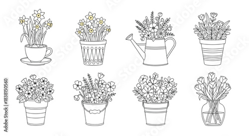 A charming collection of hand-drawn spring flowers in various containers like pots, watering cans, teacups, buckets, and vases, in a doodle style.