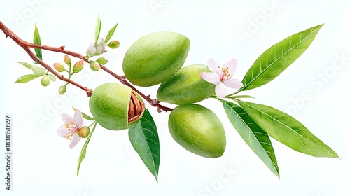 Wallpaper Mural Botanical illust n of immature green almonds one split to reveal its kernel surrounded by fresh leaves and small pink blossoms on a woody branch Torontodigital.ca