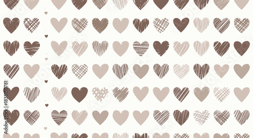 Seamless pattern of textured, hand-drawn hearts in various shades of brown and beige on an off-white background, perfect for romantic designs.