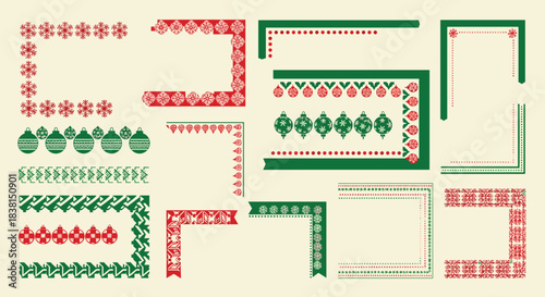 A festive collection of Christmas design elements, including snowflake borders, ornament garlands, and decorative frames, in traditional red and green colors.