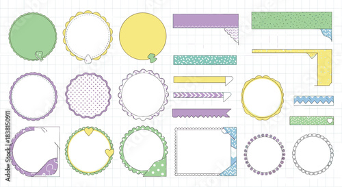 Cute pastel vector set of scrapbooking and journaling decorative elements, including various frames, borders, banners, and labels.