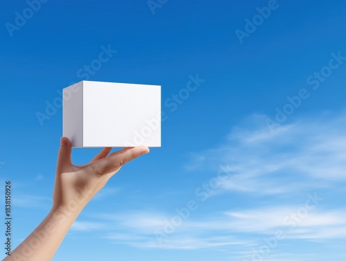 sky Background Copy Space – Hand Holding White Box for Branding Layout