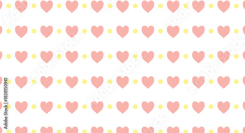 Sweet pastel pink hearts and tiny yellow dots form a charming repeating pattern on a clean white background, perfect for gentle designs.