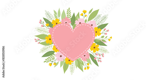 A lovely pink heart, outlined with delicate stitches, is beautifully framed by a cheerful arrangement of yellow and pink flowers with green leaves.