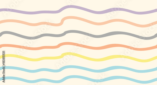 Pastel colored wavy lines on a cream background creating a soft, flowing, and minimalist abstract pattern.