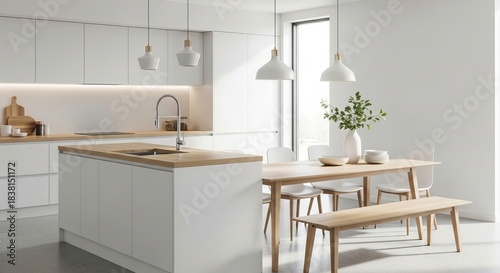 White and wooden kitchen and dining room design, showing a well-lit modern home. Minimalist design is displayed in a bright, clean room.