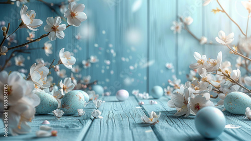 Soft blue Easter eggs with white blossoms on a weathered blue wood surface, springtime sunlight. Blue Easter Eggs and White Blossoms on Rustic Wooden Table