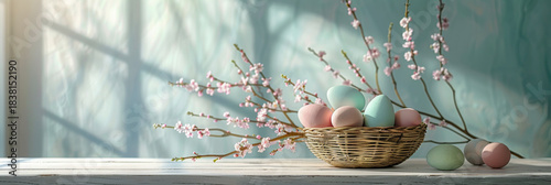 Speckled pastel blue and cream Easter eggs in rustic twig nest placed on distressed wooden surface with blooming branches near vintage window, evoking peaceful spring indoor setting with natural light