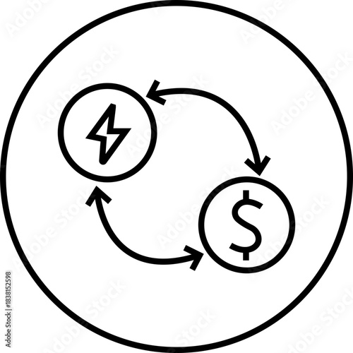 Energy saving eco power icon in black line style, sustainability electricity efficiency symbols pack with renewable green energy illustration, environmental resource graphic element