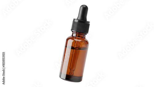 Amber glass bottle with dropper isolated PNG on transparent background, essential oil container for aromatherapy and skincare