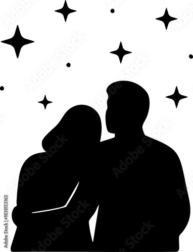 Silhouette of couple stargazing together in peaceful romantic night scene
