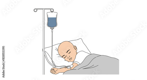 Child resting in hospital bed with IV drip attached nearby  