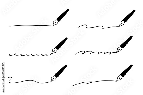 シンプルな手描き風の線画イラストセット　万年筆・黒
