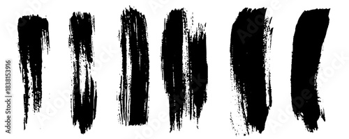 Black long strokes abstract textured smears set isolated on a white background 