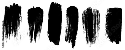 Black long strokes abstract textured smears set isolated on a white background 