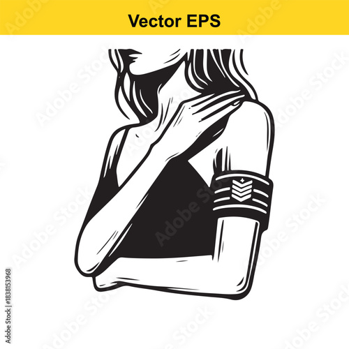 Woman's upper body with hand touching neck and arm band detail 60